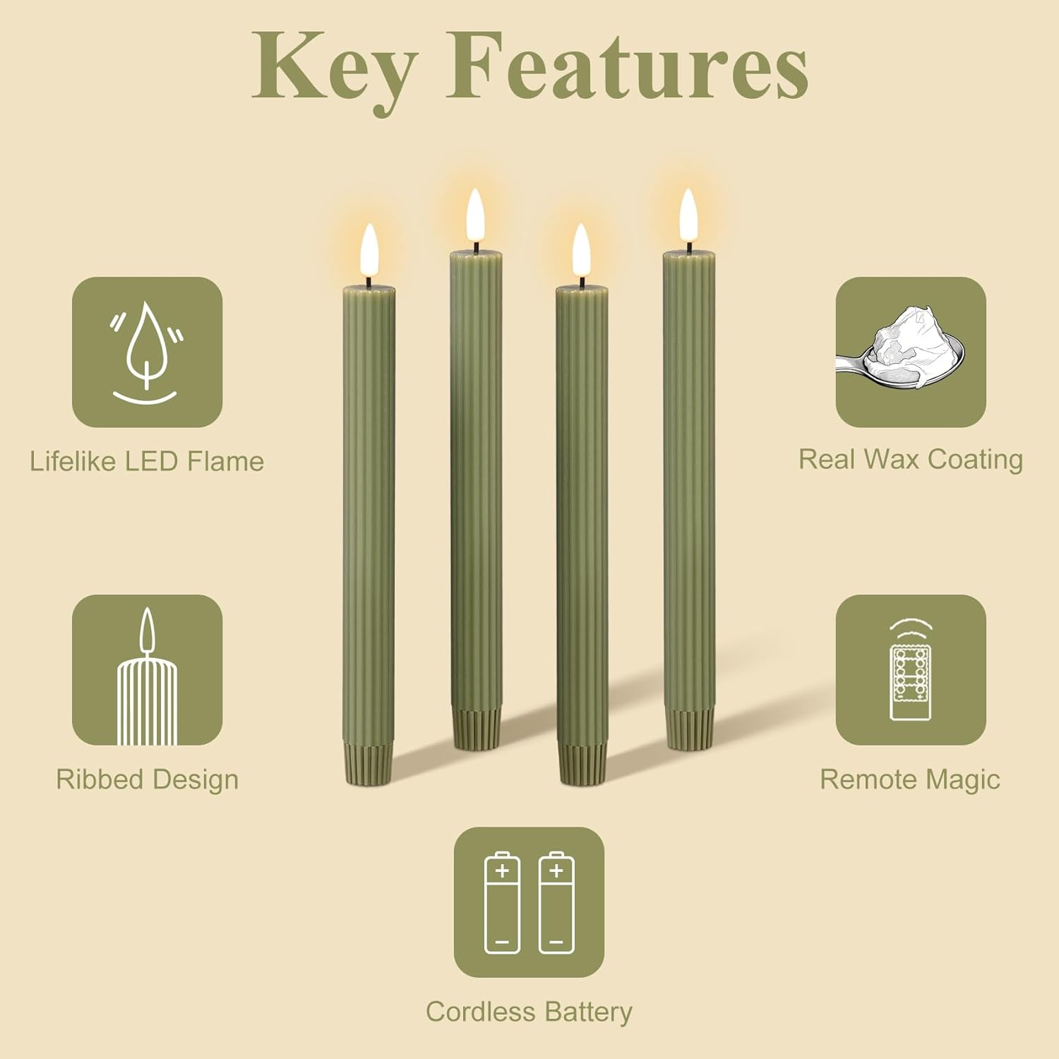 Ribbed Fluted Flameless Taper Candles / Olive Green / Set of 4