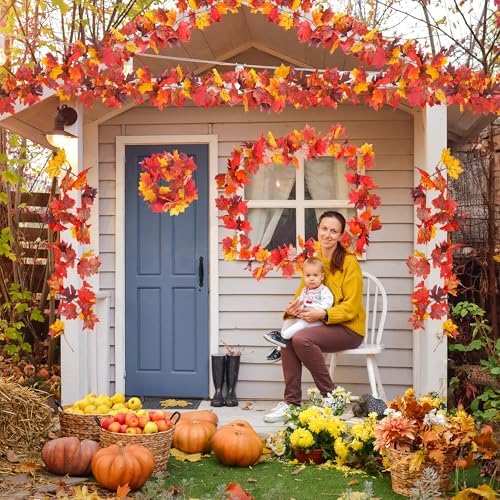 2Pack 11.8FT Fall Garland, Fall Mantle Garland for Indoor Outdoor Autumn