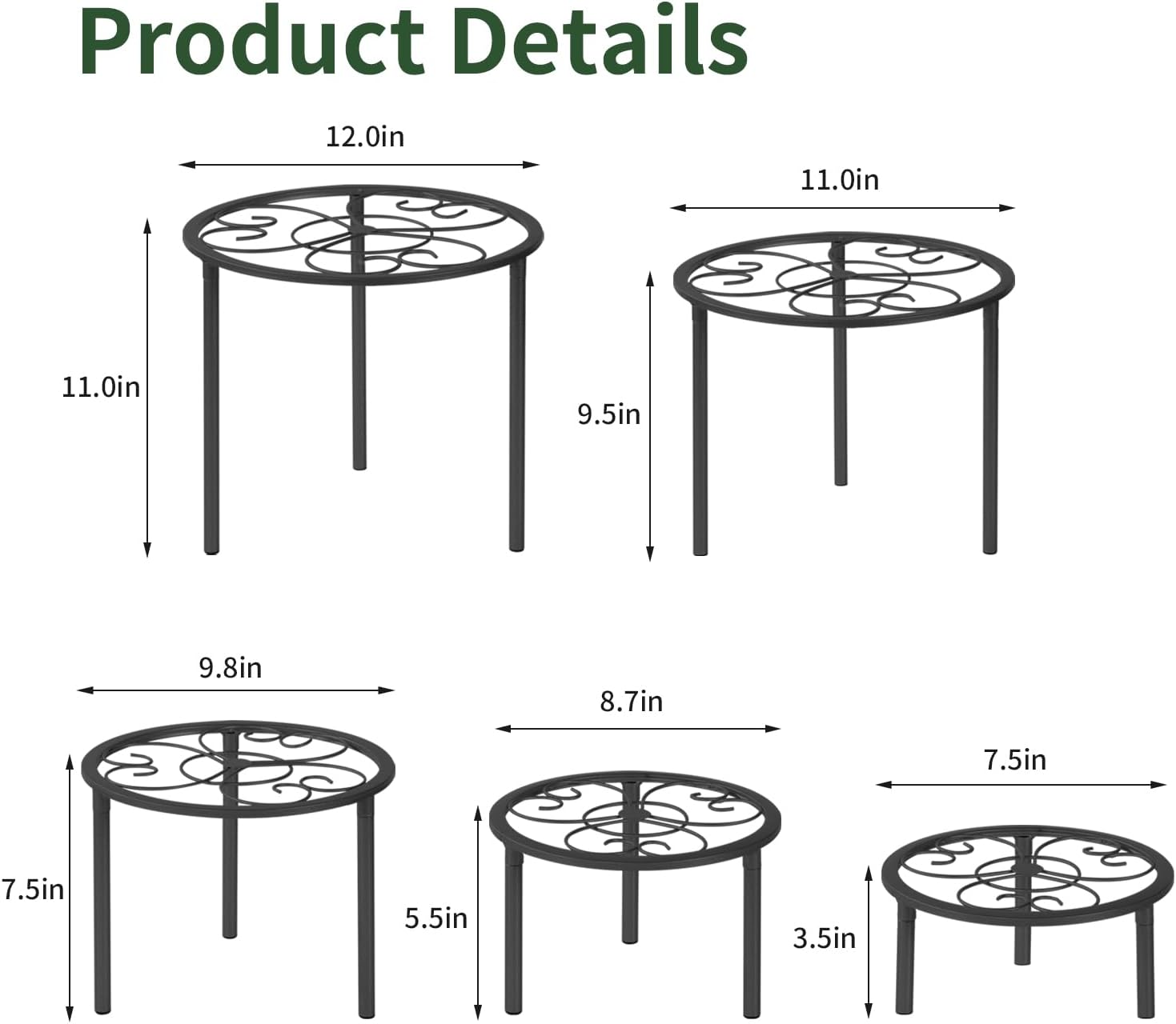 5 Pack Metal Plant Stands,Heavy Duty Potted Holder for Flower Pot, Rustproof Iron Plant Risers, Suitable for Indoor and