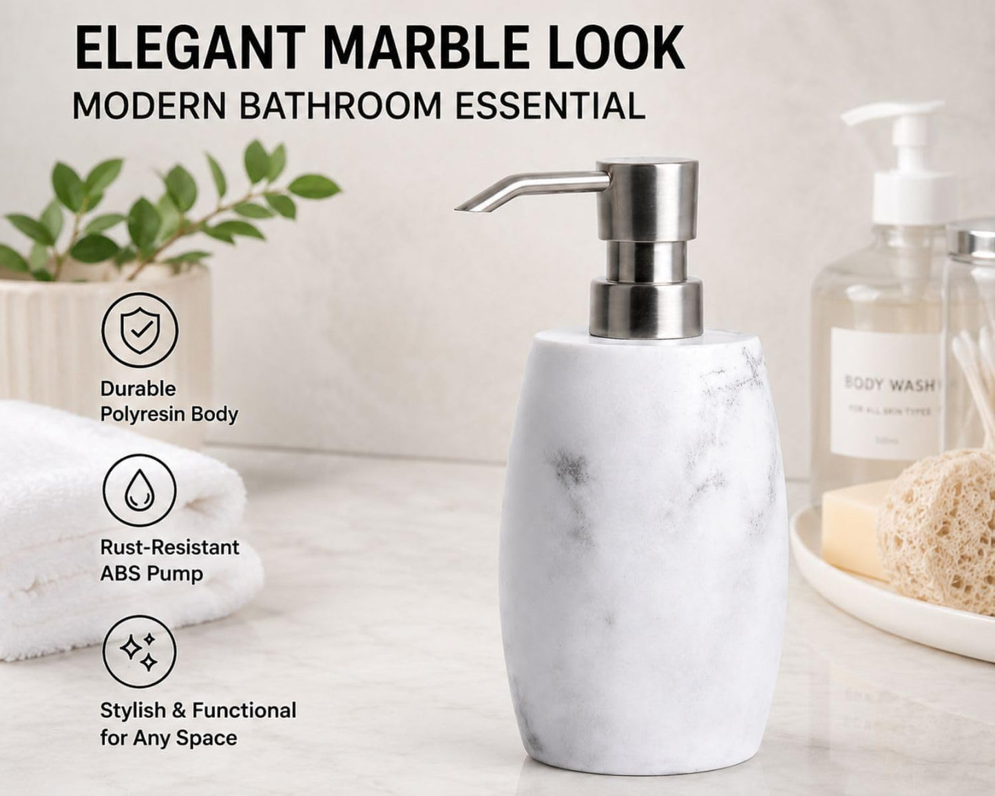 Clasin Home Resin Soap Dispenser Set 2, Refillable Hand Soap Dispenser with White Marble Look and Metallic Pump