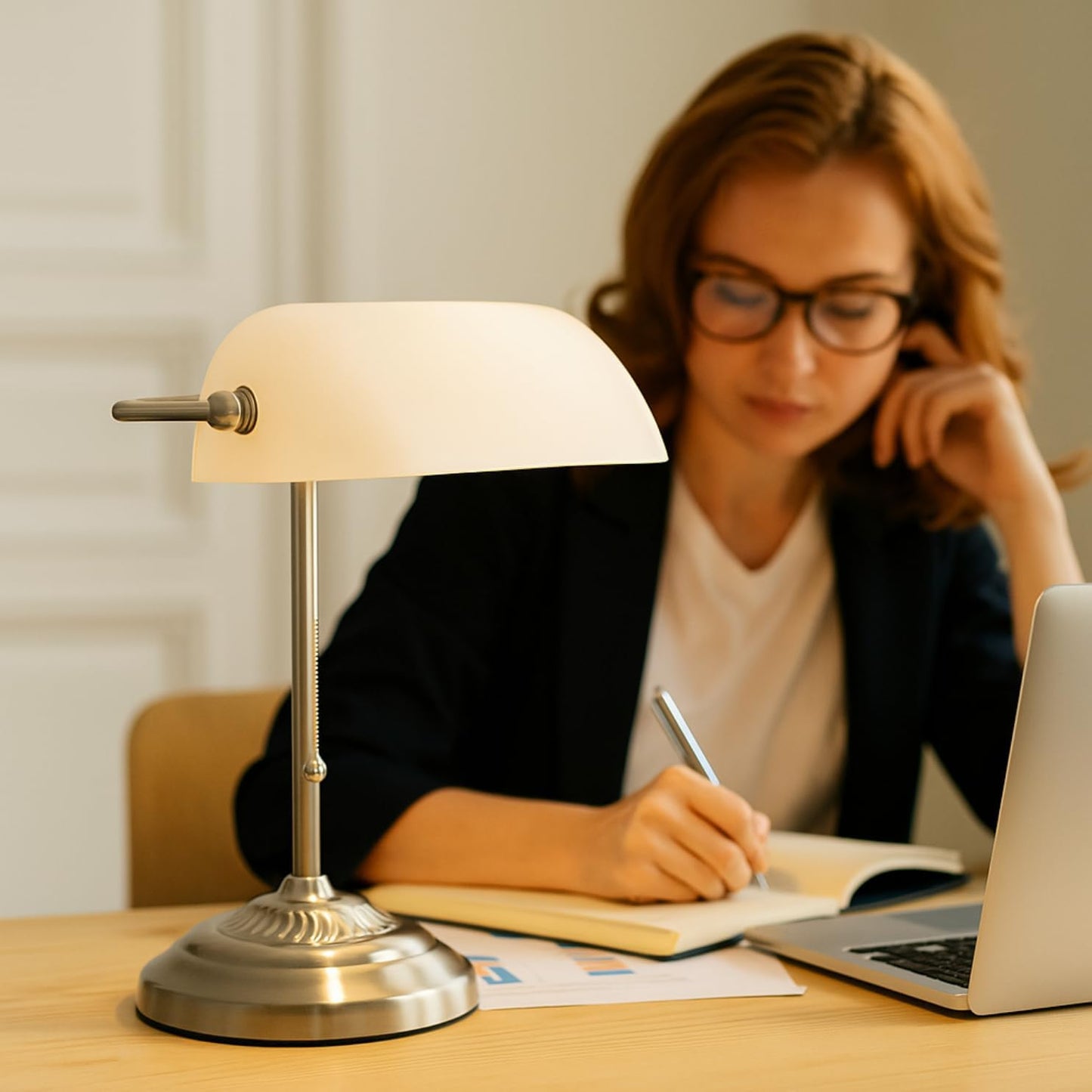 LIGHTACCENTS Bankers Desk Lamp with White Glass Shade, Nickel Finish - Traditional Desk Light for Home Office, Reading