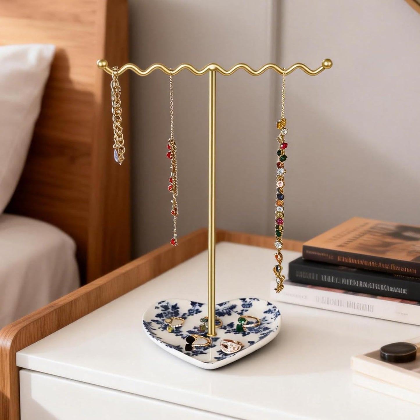 Ceramic Tray / Metal Necklace Holder Organizer for Rings Bracelets Earrings / Blue & White