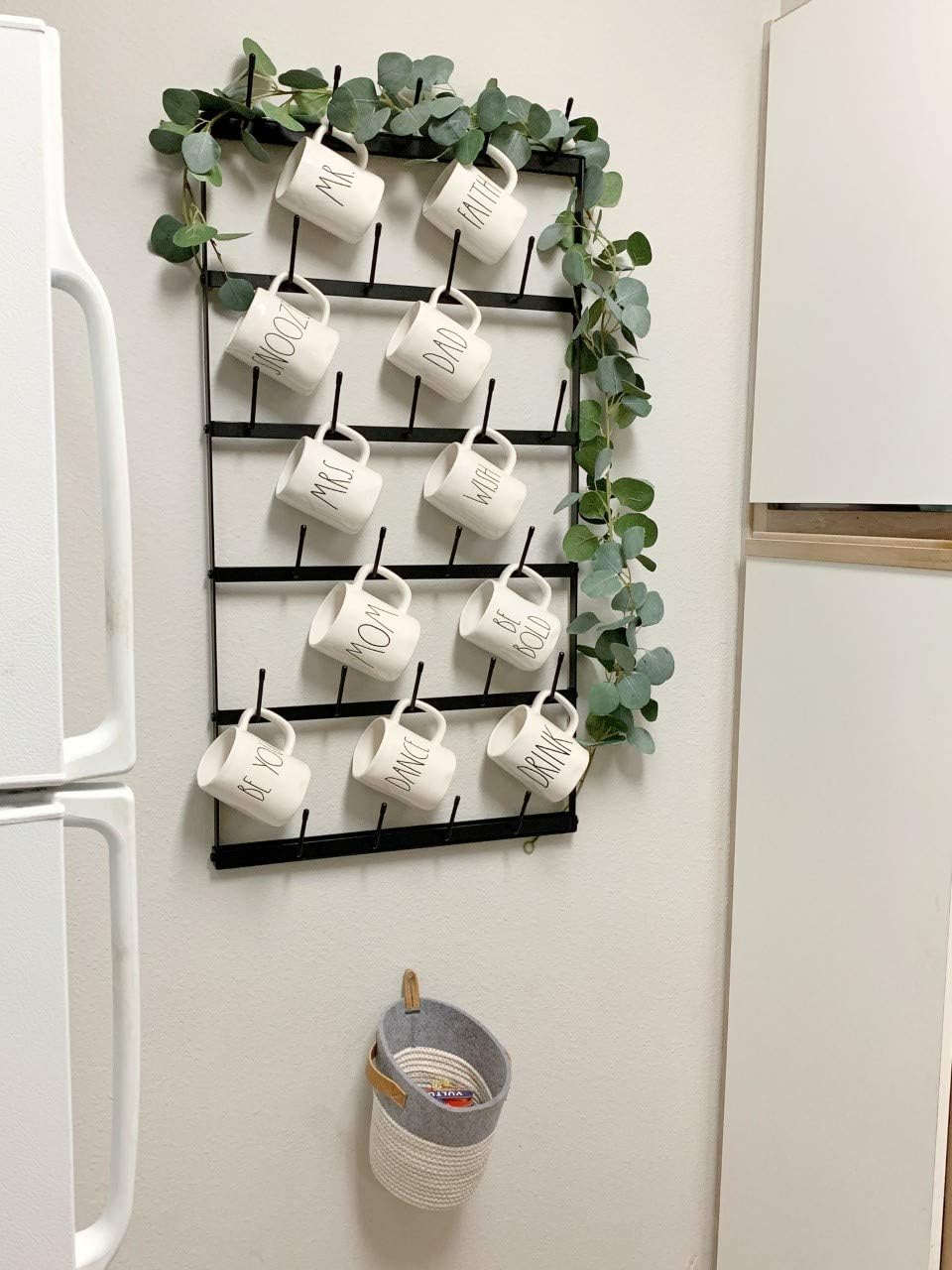 Wall Mounted Coffee Mug Rack - Large Rustic Black Iron Steel Kitchen Rack with 6 Rows - Storage for 27 Cups - Jar &