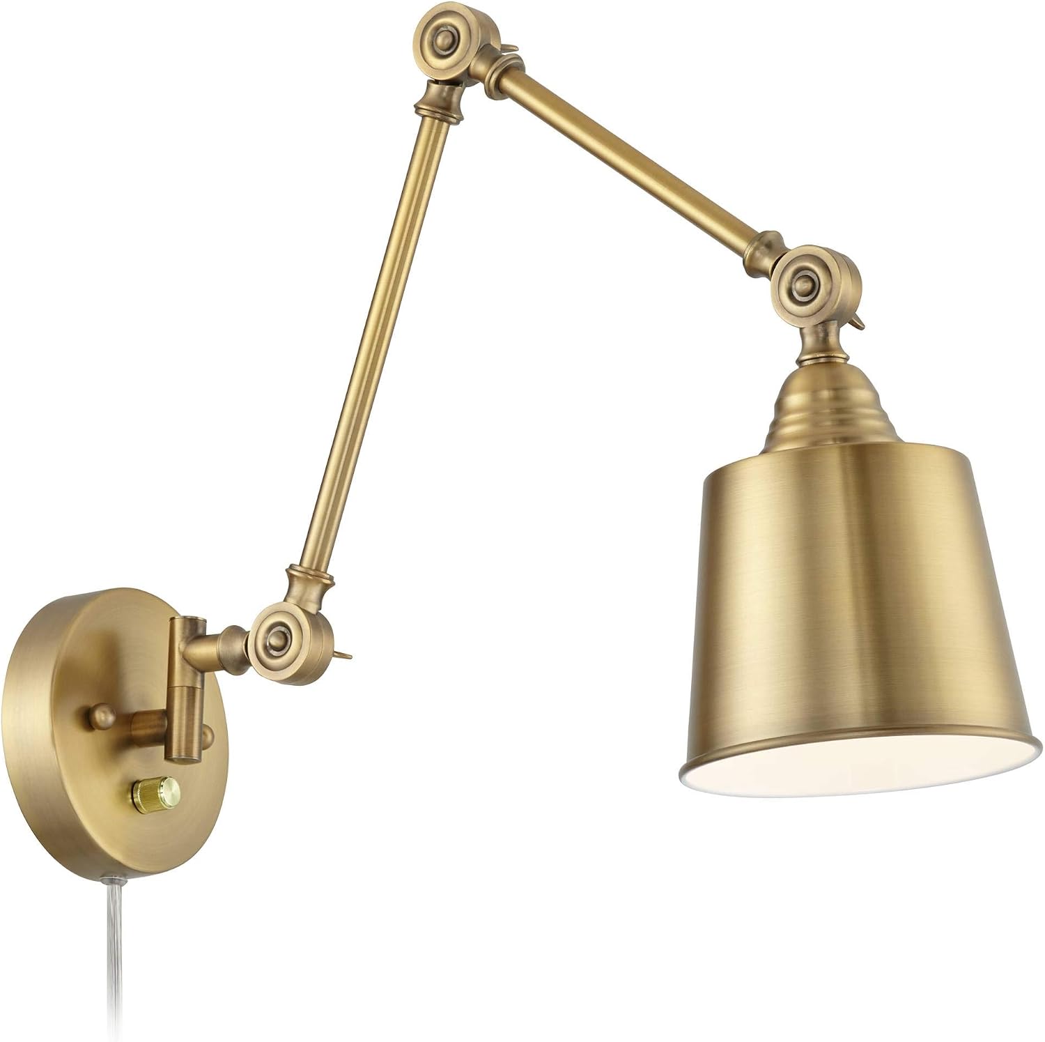 Mendes Antique Brass Swing Arm Plug-In Wall Lamps Set of 2 Light Fixture | Modern Adjustable Up Down Metal Shade for
