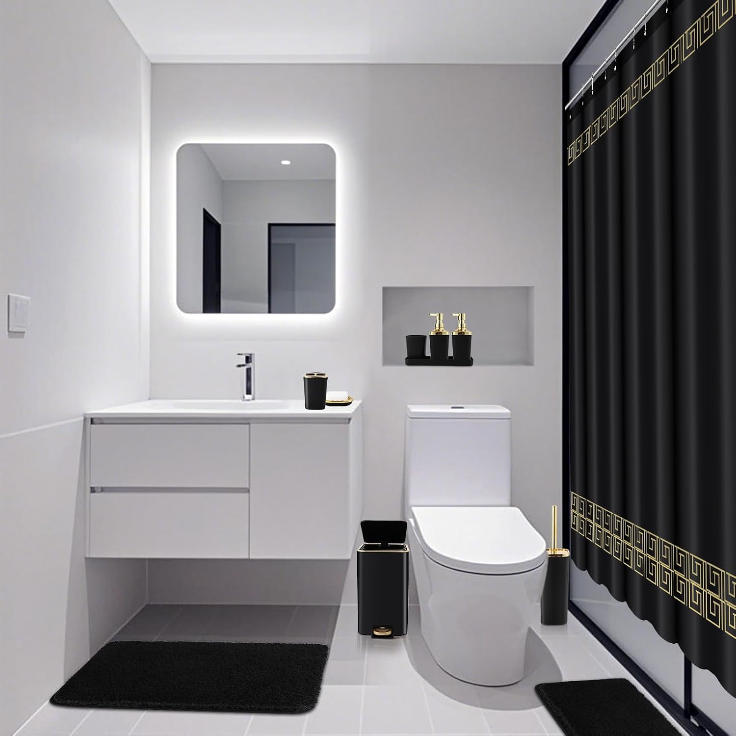 XLHOMO Bathroom Sets with Shower Curtain and Rugs Black Bathroom Accessories Bathroom Set,Soap Dispenser & Toilet Brush