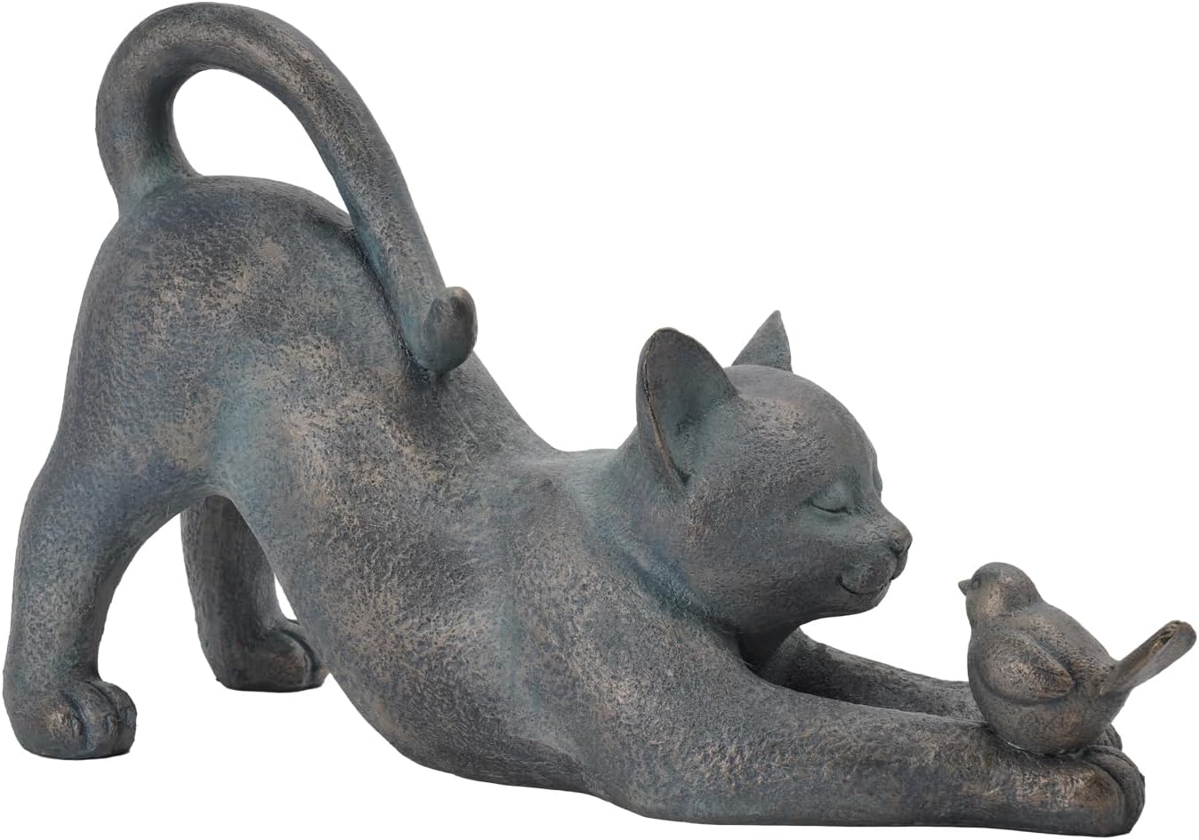 Cat Garden Statues Outdoor Cat-Figurines / Cat with Bird / 16 x 6 x 9.5