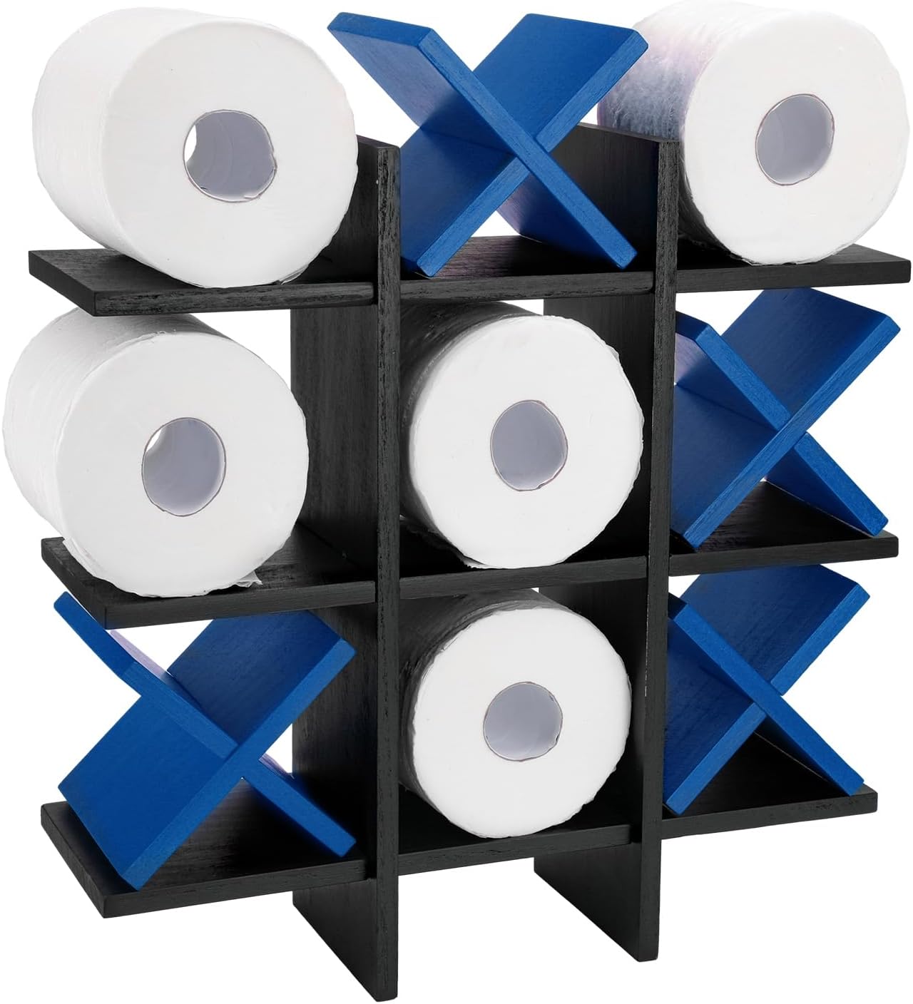 Weysat Tic Tac Toe Toilet Paper Holder,Black, Dark Blue | Farmhouse Bathroom Decor, Freestanding or Wall Mount Storage