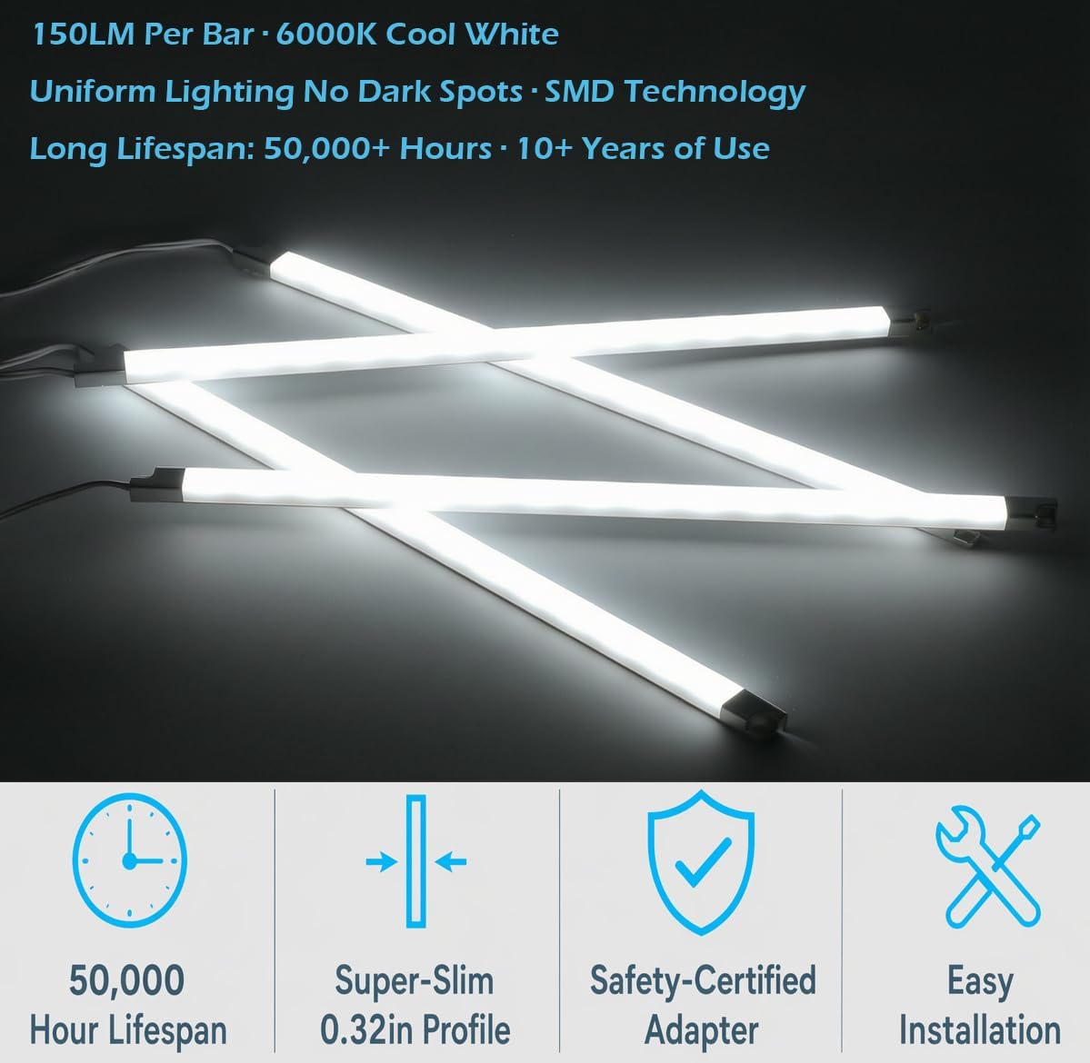 Cefrank 4-Pack 12" LED Display Light Bar, 6000K White Plug-in ETL Showcase | Under Cabinet Lighting for Kitchen