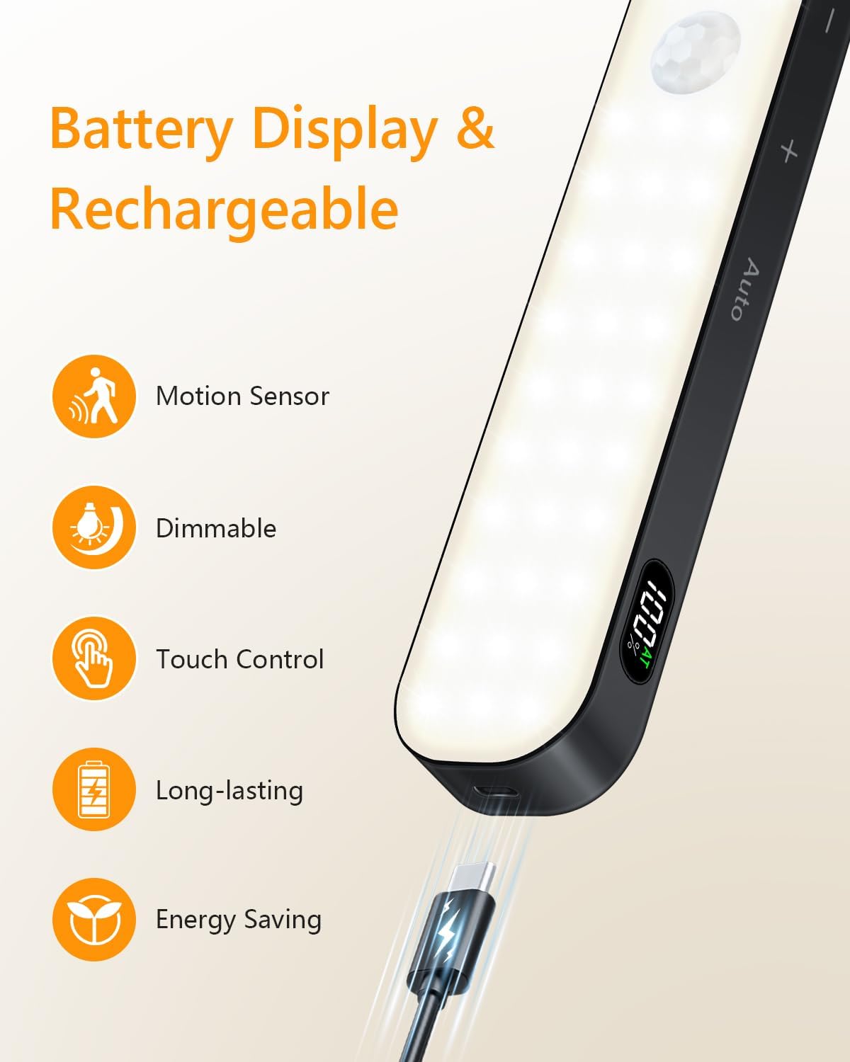 Ferswe Motion Sensor Light Indoor Rechargeable, Battery Level Display, 60 LED Motion Sensor Closet Lights, Dimmable