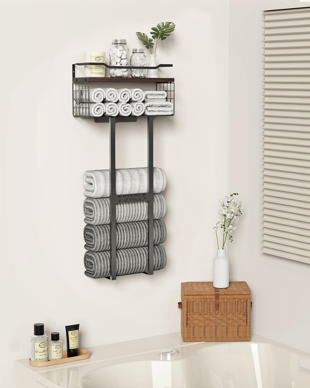 Large Towel Rack & Bathroom Towel Holder - Wall Mounted Metal Rack with Wooden Floating Shelf, Small Bathroom Towel