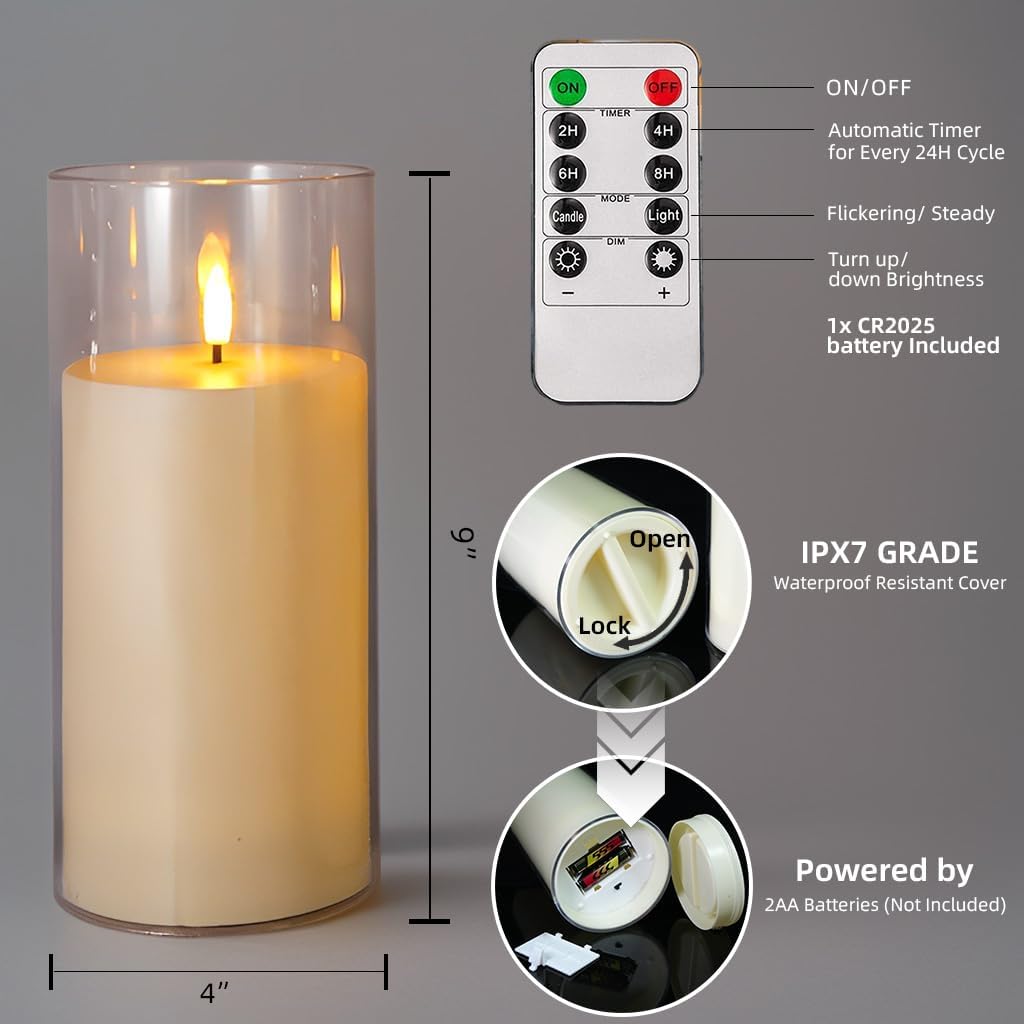 Niceme 9” x 4” Large Waterproof Outdoor Flameless Candles with Remote Control Timer, Flickering LED Pillar Candles