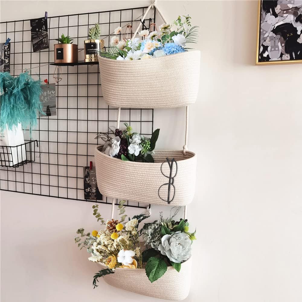 3-Tier Woven Cotton Wall-Mounted Storage Organizer Bag Decorative Hanging Nursery / White