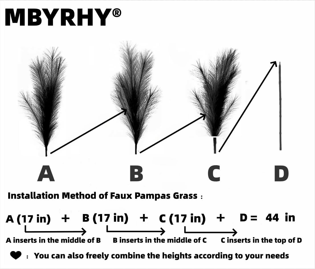 Pampas Grass Decor Tall 44''/ Fluffy Large Pompas Grass / Black White Gray / 3.7 Inch / Set of 6