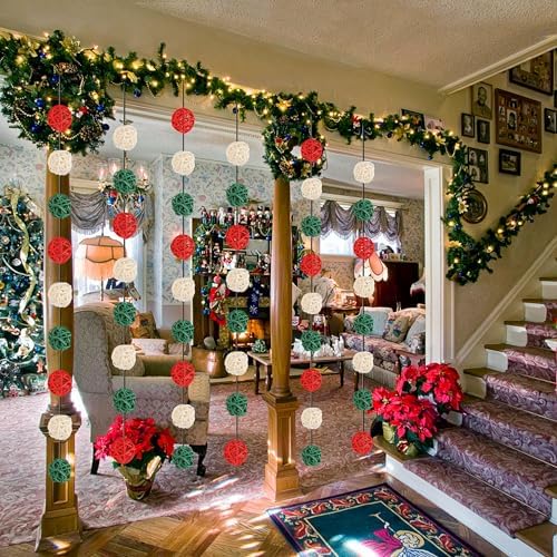 Lucleag 36Pcs Christmas Rattan Balls Decorations, 1.18in Red White Green Natural Wicker Balls Ornament Vase Filler DIY Craft with Hemp Rope for Xmas Tree Home Table Decorations Party Supplies