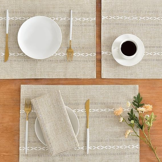 Wracra Cotton Linen Place Mats, Coffee Embroidered Placemats Set of 6 | Placemats 12 x 18 Inch; Cotton Linen Woven