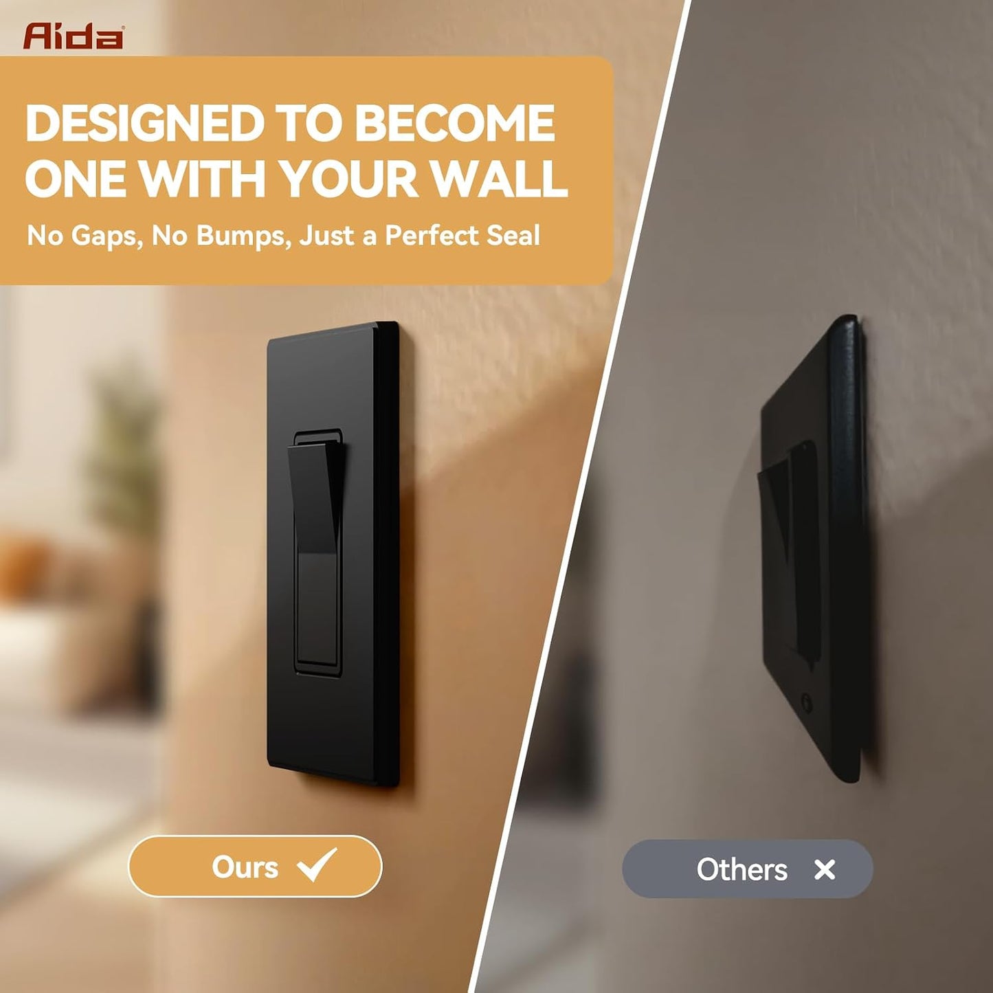 AIDA 1-Gang Midsize Screwless Light Switch Cover Plate, Decorative Outlet Covers - Matte Black, 10-Pack Screwless