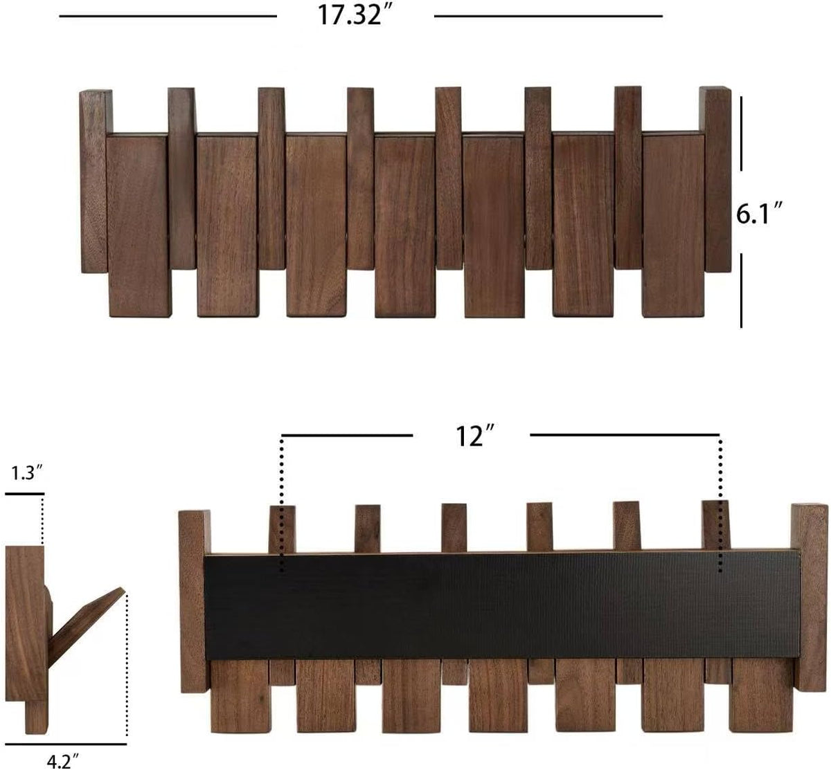 Black Walnut Piano Coat Rack, Coat Hooks for Wall with 6 Magnetic Retractable Hooks, Heavy Duty Space Saving Wall