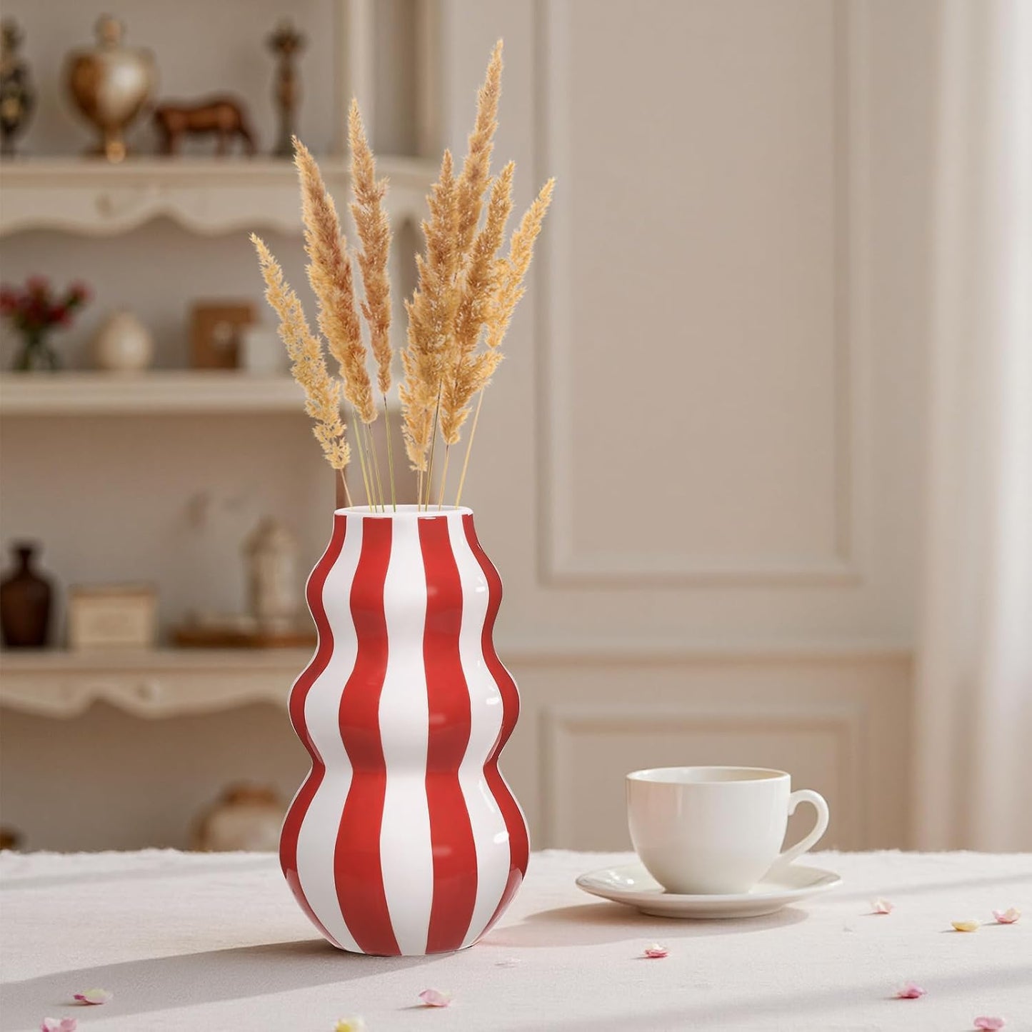 White Ceramic Vase / Red / 8.66 Inch