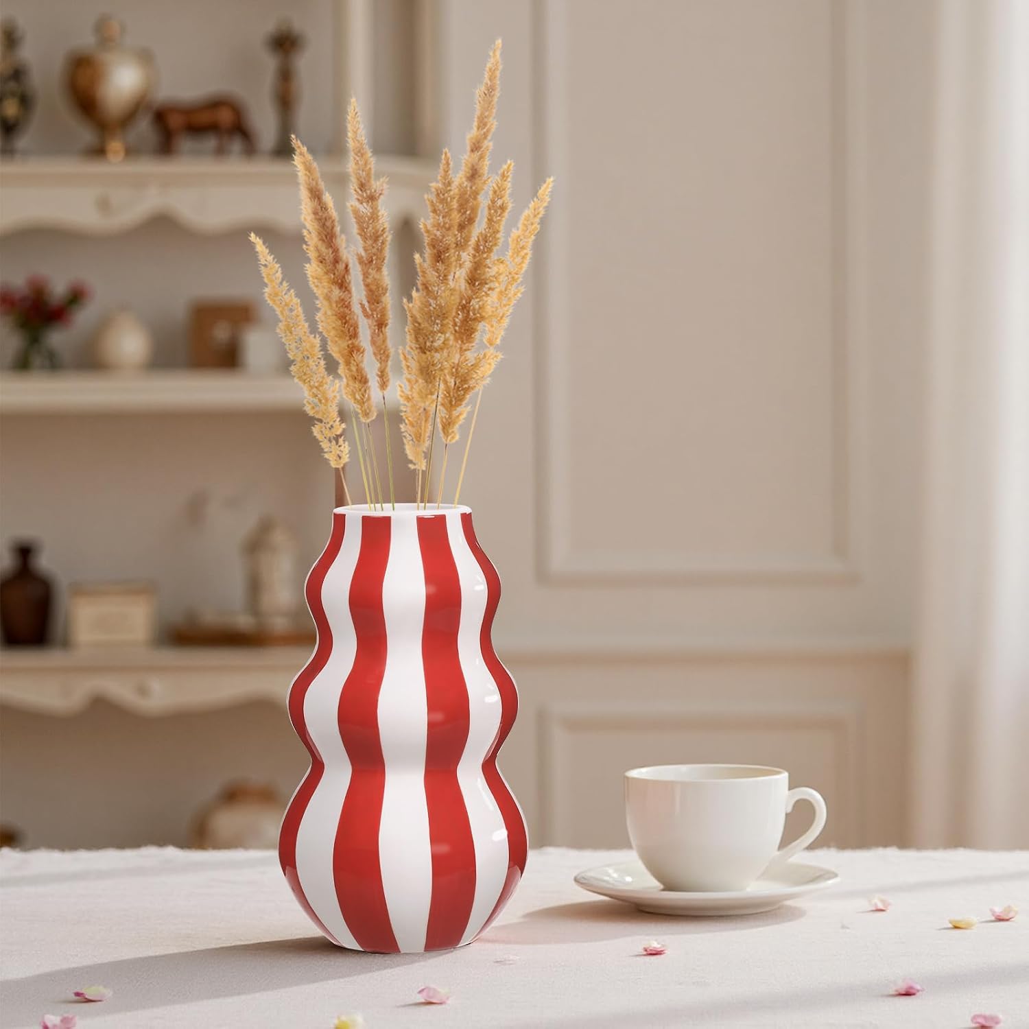 White Ceramic Vase / Red / 8.66 Inch