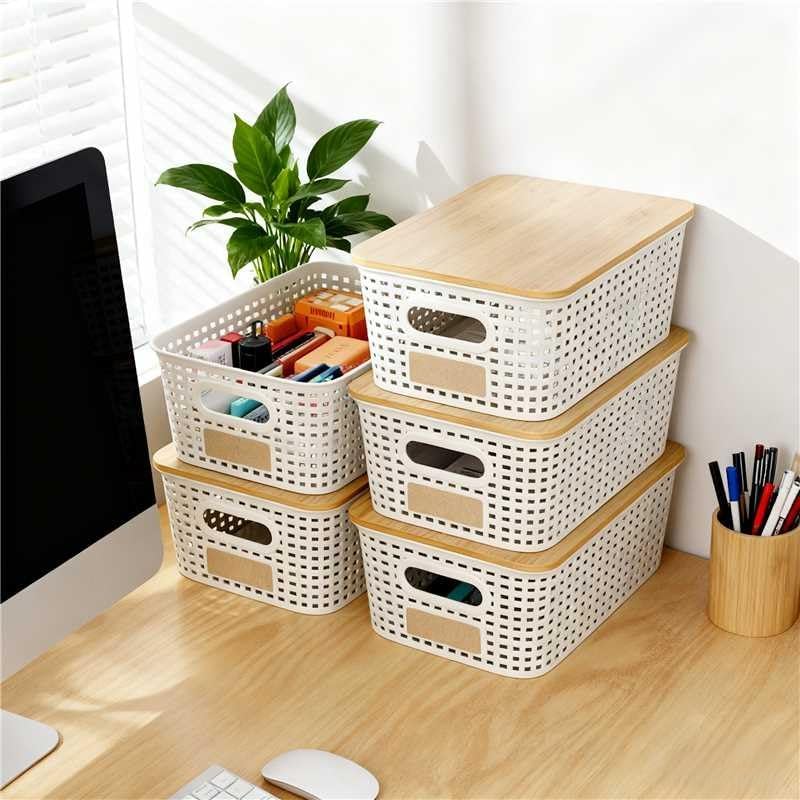 Storage Bins / Stackable Plastic Storage Basket / Cream White / Set of 6