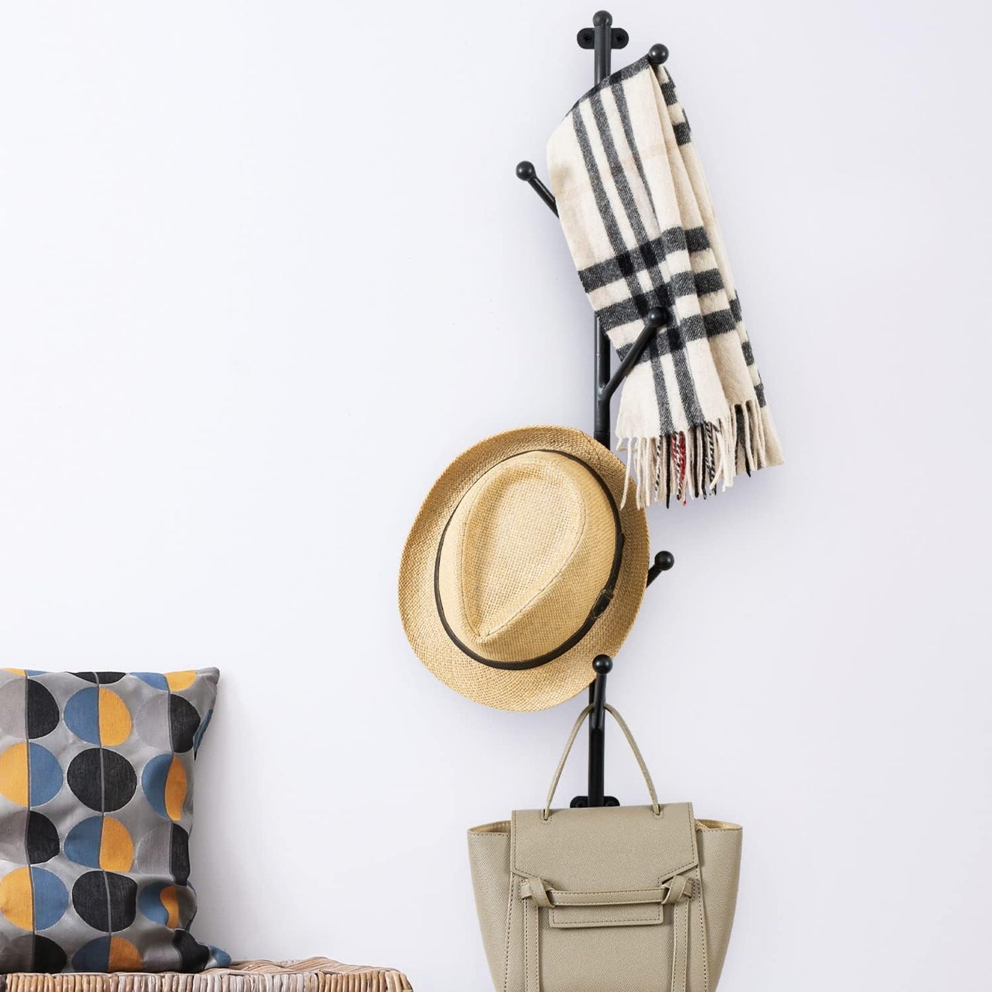MyGift Wall Mounted Matte Black Metal 6-Hook Entryway Coat Hanger and Hat Tree Rack