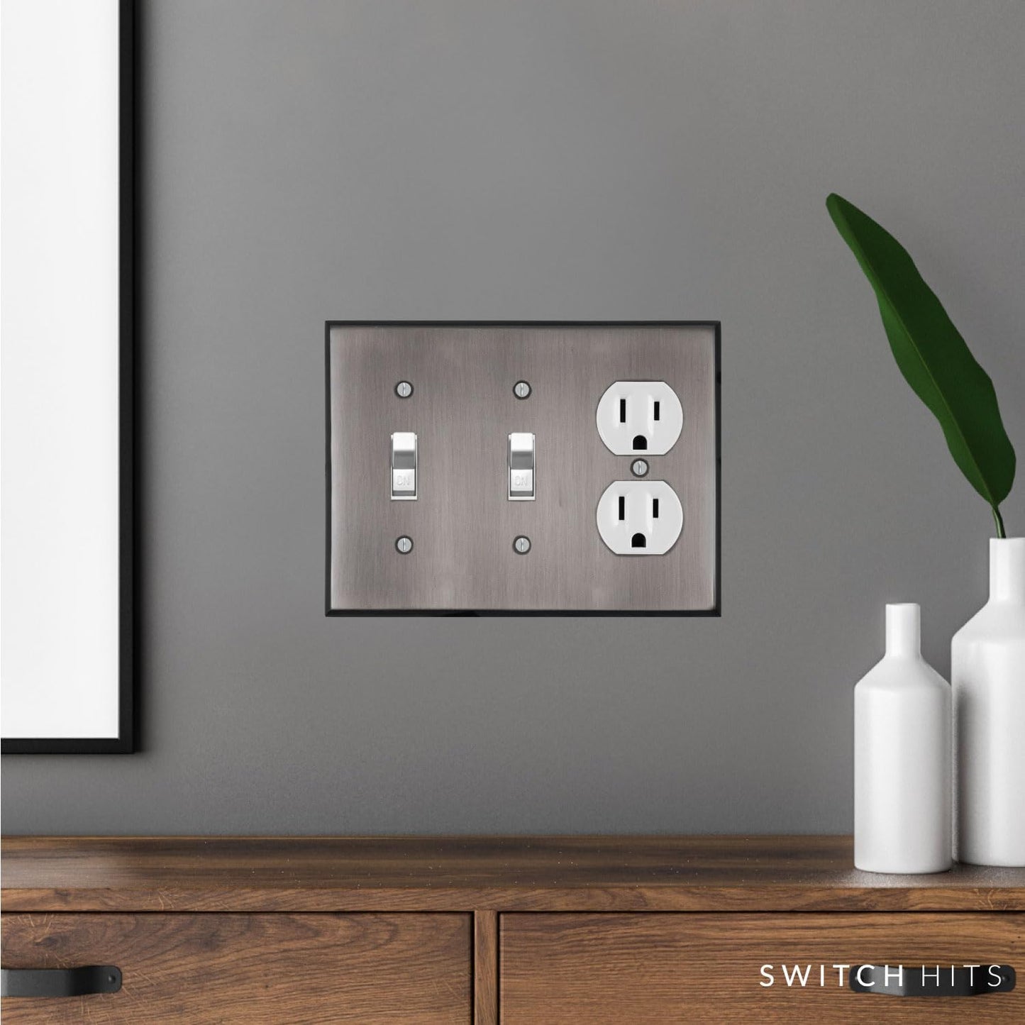Antique Pewter Outlet Wall Plate | 2 Toggle - 1 Duplex | 6.25" x 4.5" | Hand-Polished Brass Construction | Electrical
