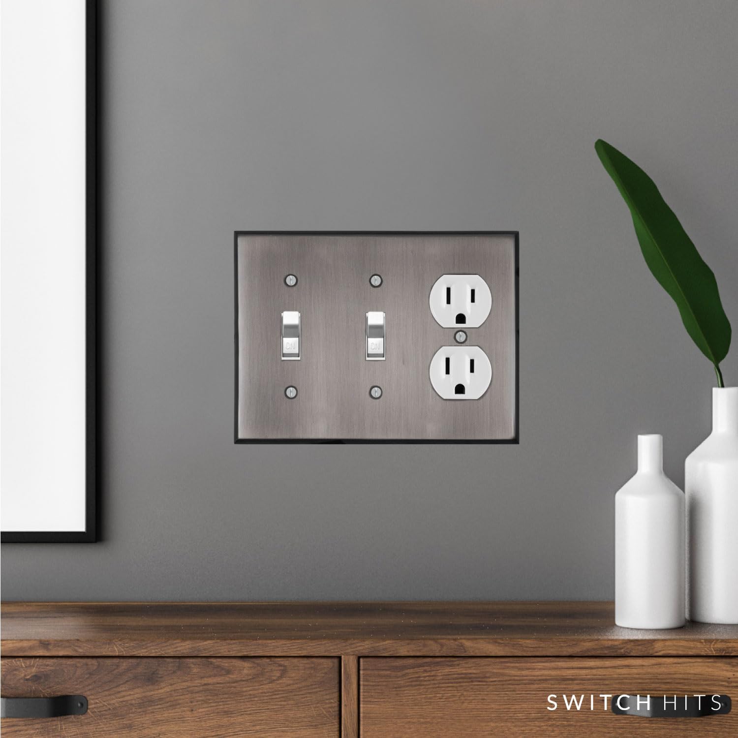 Antique Pewter Outlet Wall Plate | 2 Toggle - 1 Duplex | 6.25" x 4.5" | Hand-Polished Brass Construction | Electrical