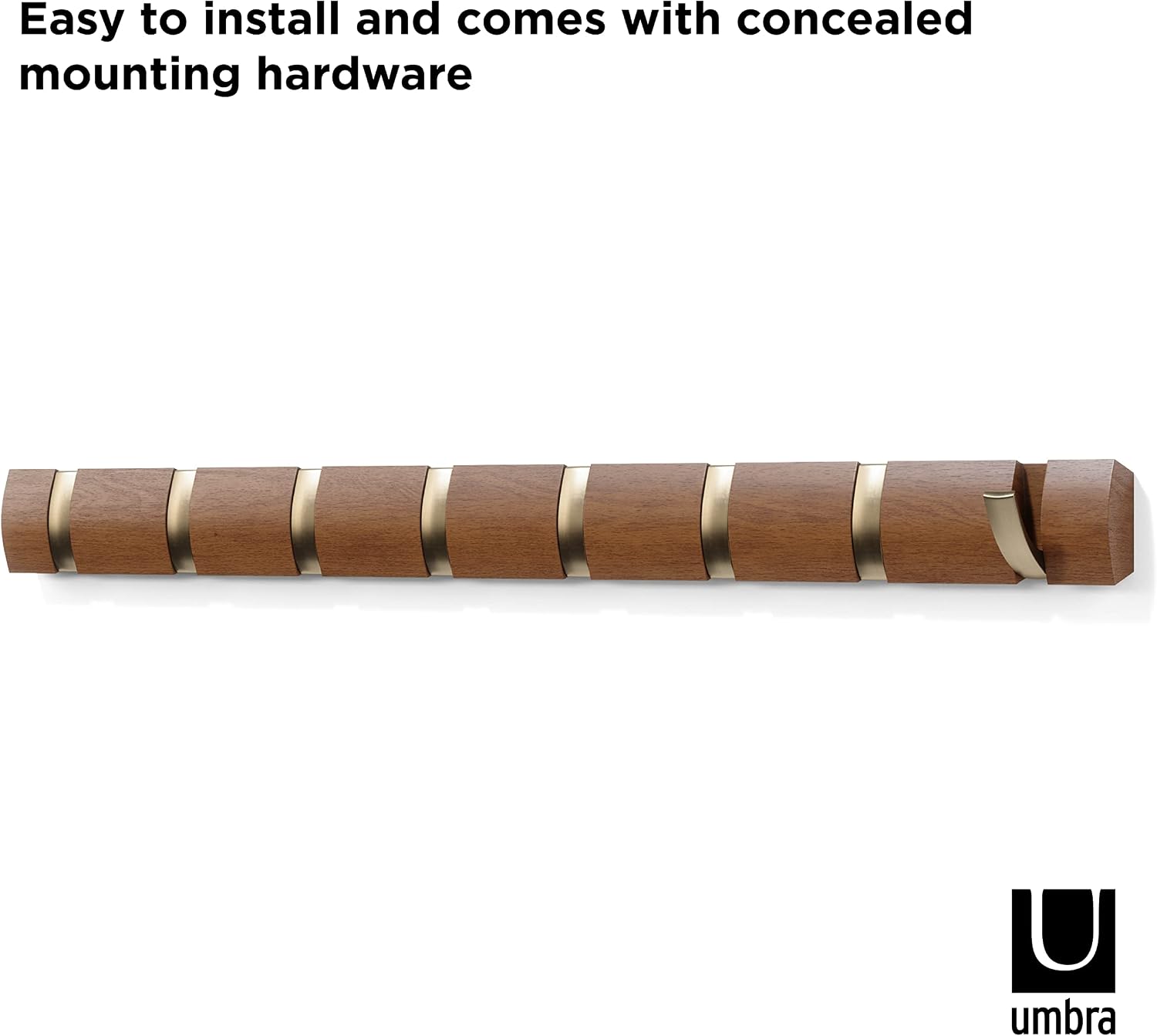 Umbra Flip Coat Rack, Wall Mount 8-Hook, Space Saving, Light Walnut/Warm Gold