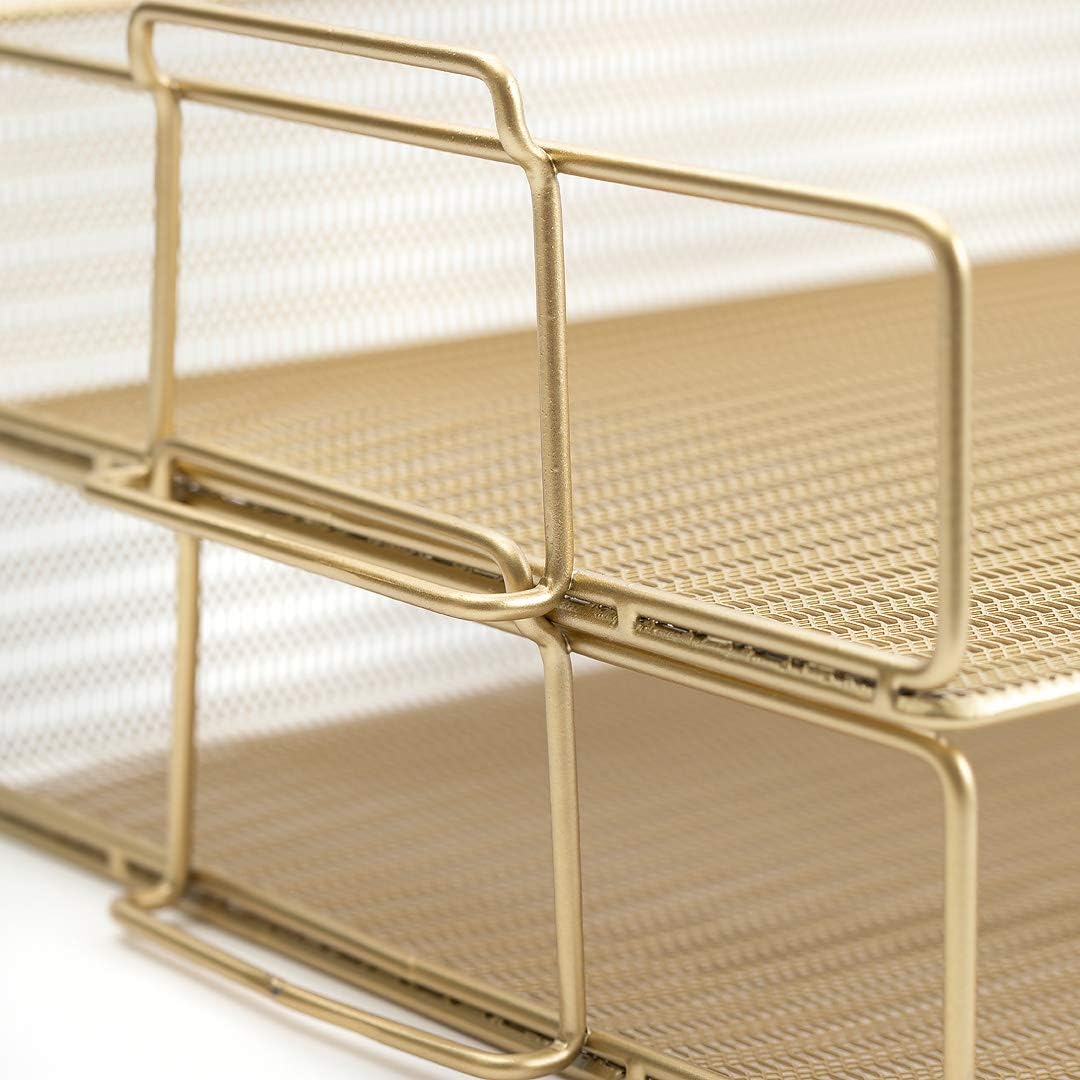 BLU MONACO | Paper Tray Stackable Gold Mesh Set of 2 | Stackable File Trays for Desk Organization | Tiered Desk