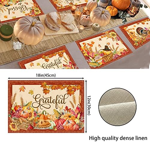Thanksgiving Placemats Set of 6, Turkey Holiday Placemats Set of 6 12x18 Inch for Dining Table, Thanksgiving Place Mats Pumpkins Fall Leaves Orange Farmhouse Table Decor for Kitchen Dining Room Home
