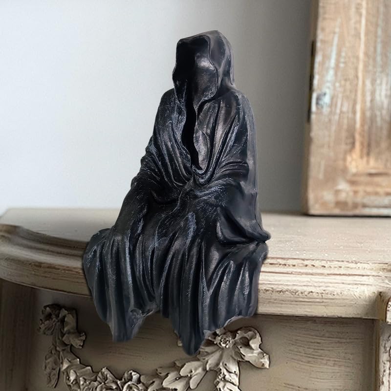 Grim Reaper Statue, Resin Gothic Throne Suriel Statue, Goth Acotar Bookshelf Decor Figurine Fantasy, Small Black Ghost Shelves Figure for Halloween Home Garden Sculpture (Death Sculpture 2PC)