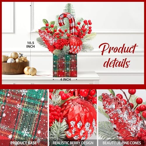 Small Christmas Tree Tabletop Artificial Mini Christmas Tree Decorations with Holiday Ornaments Red Berry Pine Cone Greenery for Home Indoor Fireplace Mantel Xmas Decor (Large-Square-Red)