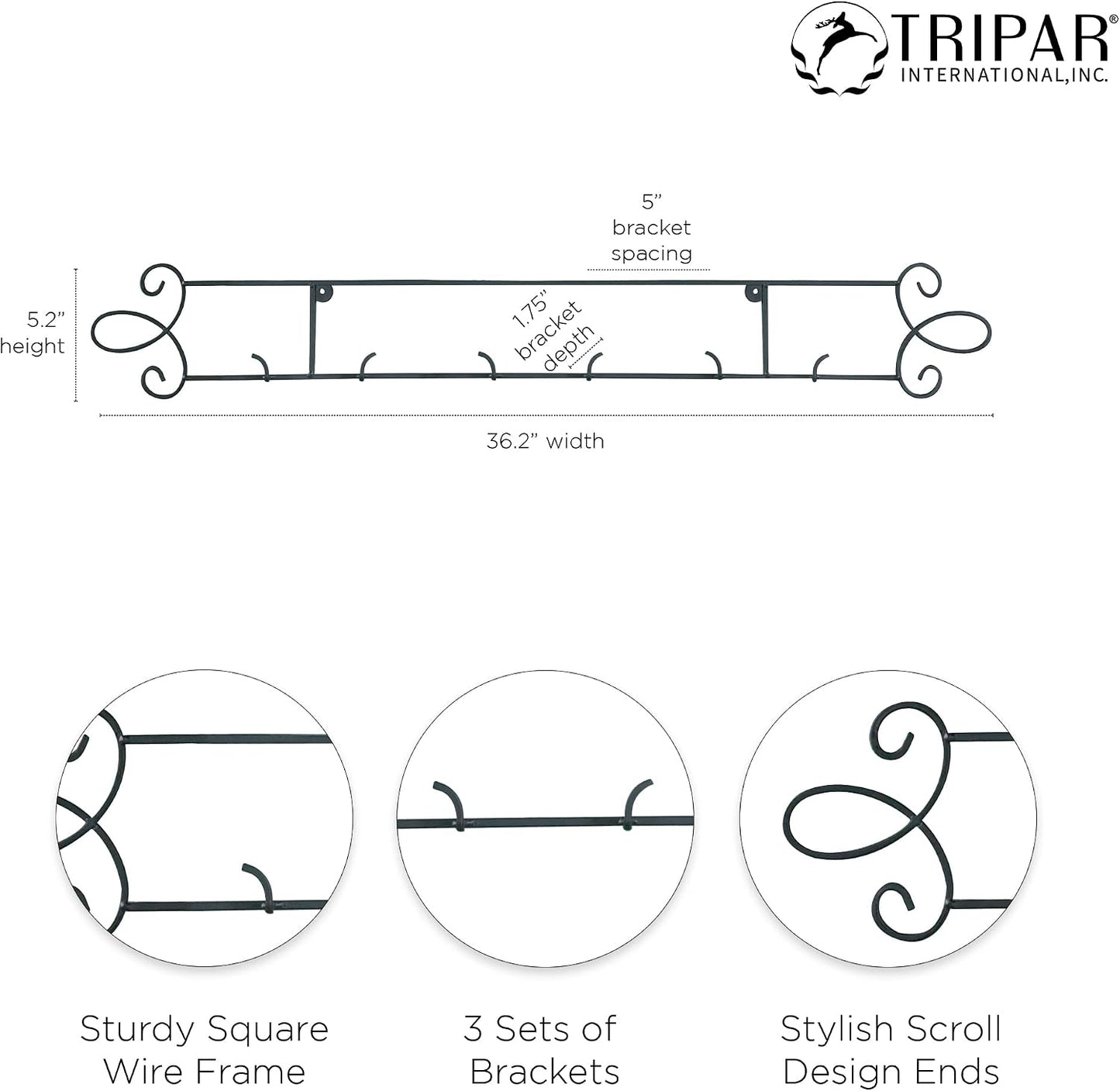 TRIPAR Horizontal Plate Rack, Black Display (3 Place) - Durable & Sturdy Metal Finish with Scroll Designs - Beautifully