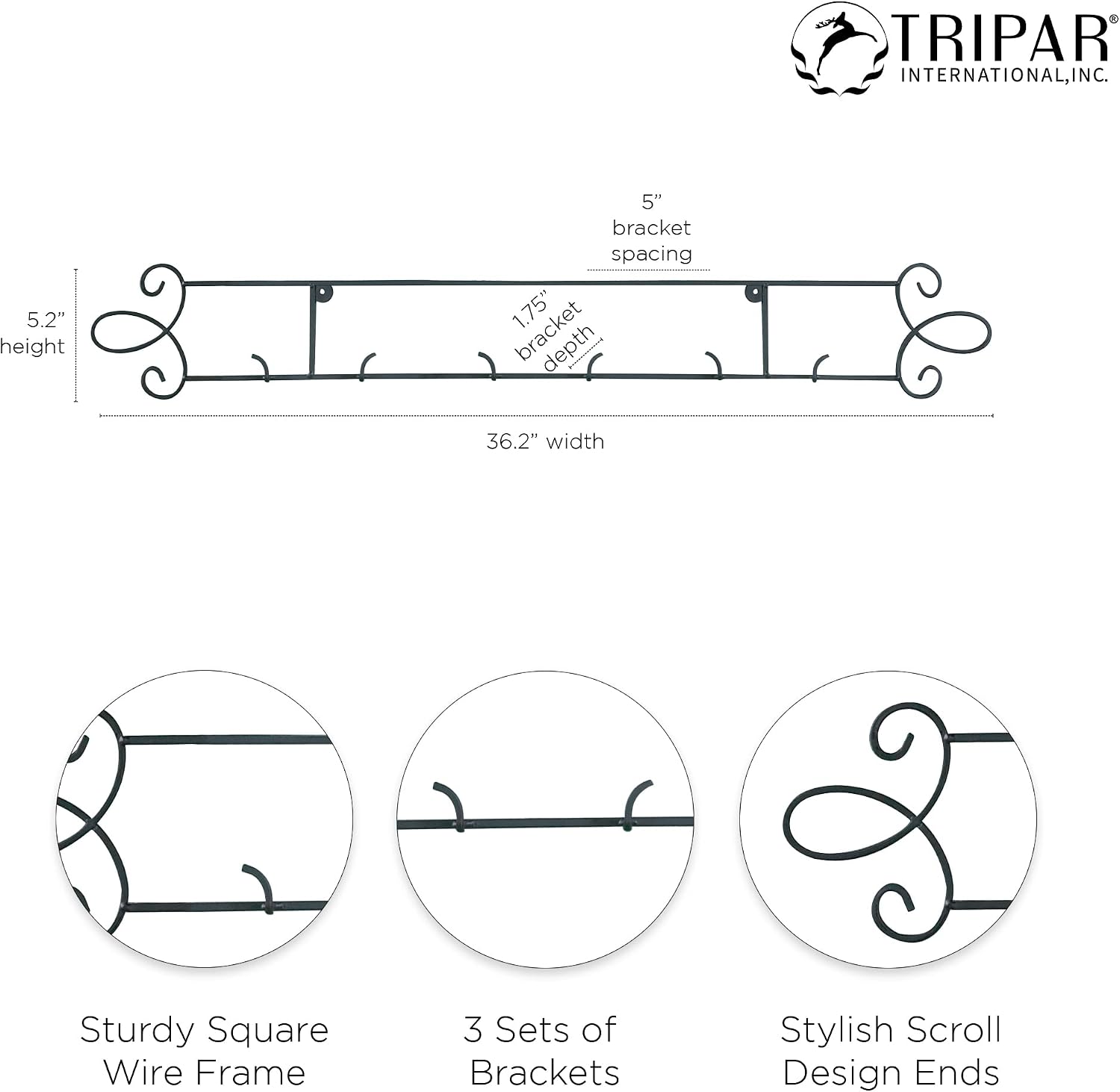 TRIPAR Horizontal Plate Rack, Black Display (3 Place) - Durable & Sturdy Metal Finish with Scroll Designs - Beautifully