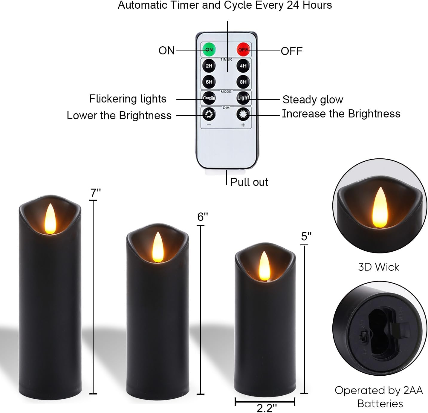Homemory Black Flameless Candles, Halloween Candles, Battery Operated Candles, LED Pillar Candles with Remote Control