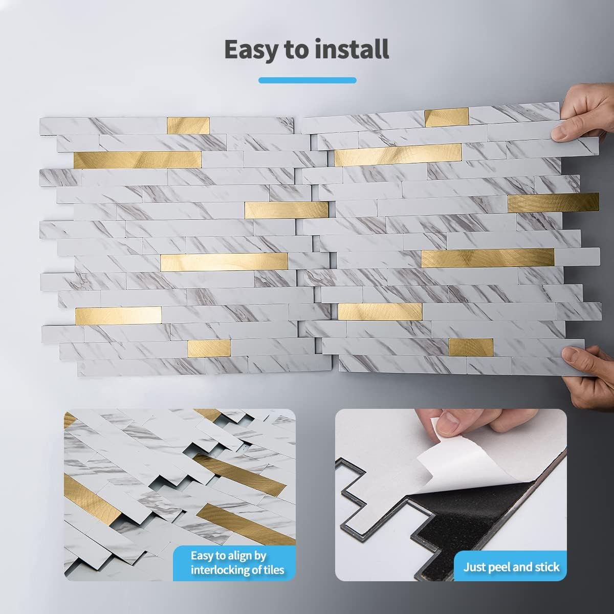 10-Sheet Peel and Stick Backsplash Tile / White Slate with Gold Studded / 13.4 x 11.8 / Set of 10