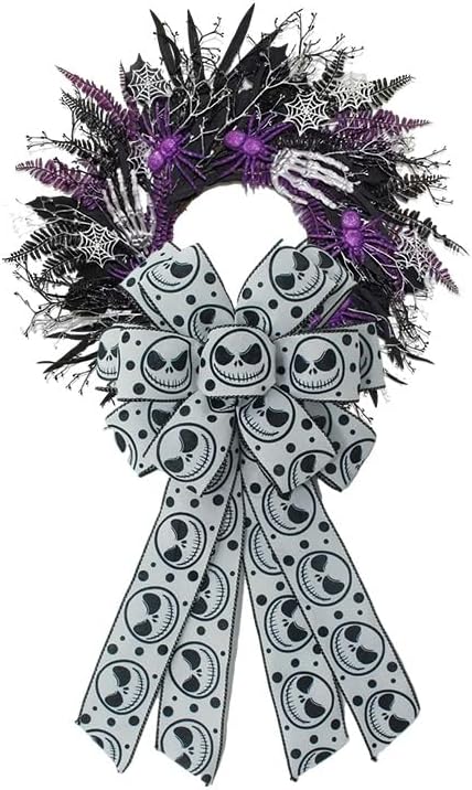 1 Pcs Large Halloween Wreath Bow - 17.8" x 9.8" Spooky Skeleton Wired Bow, Black White Skull Gothic Decorative Burlap Bows for Front Door, Tree Topper & Party Decor (Black Skeleton Bow)