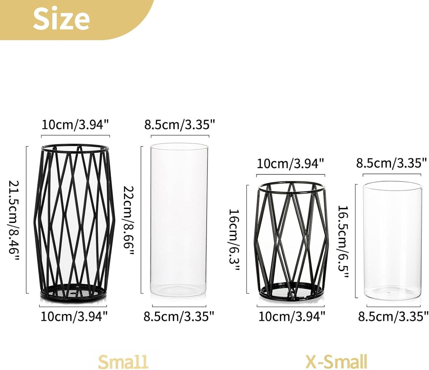 NUPTIO Black Geometric Hurricane Glass Candle Holders, Set of 2 | 2 Graduated Diamond Frames, Clear Cylinder Vases, for