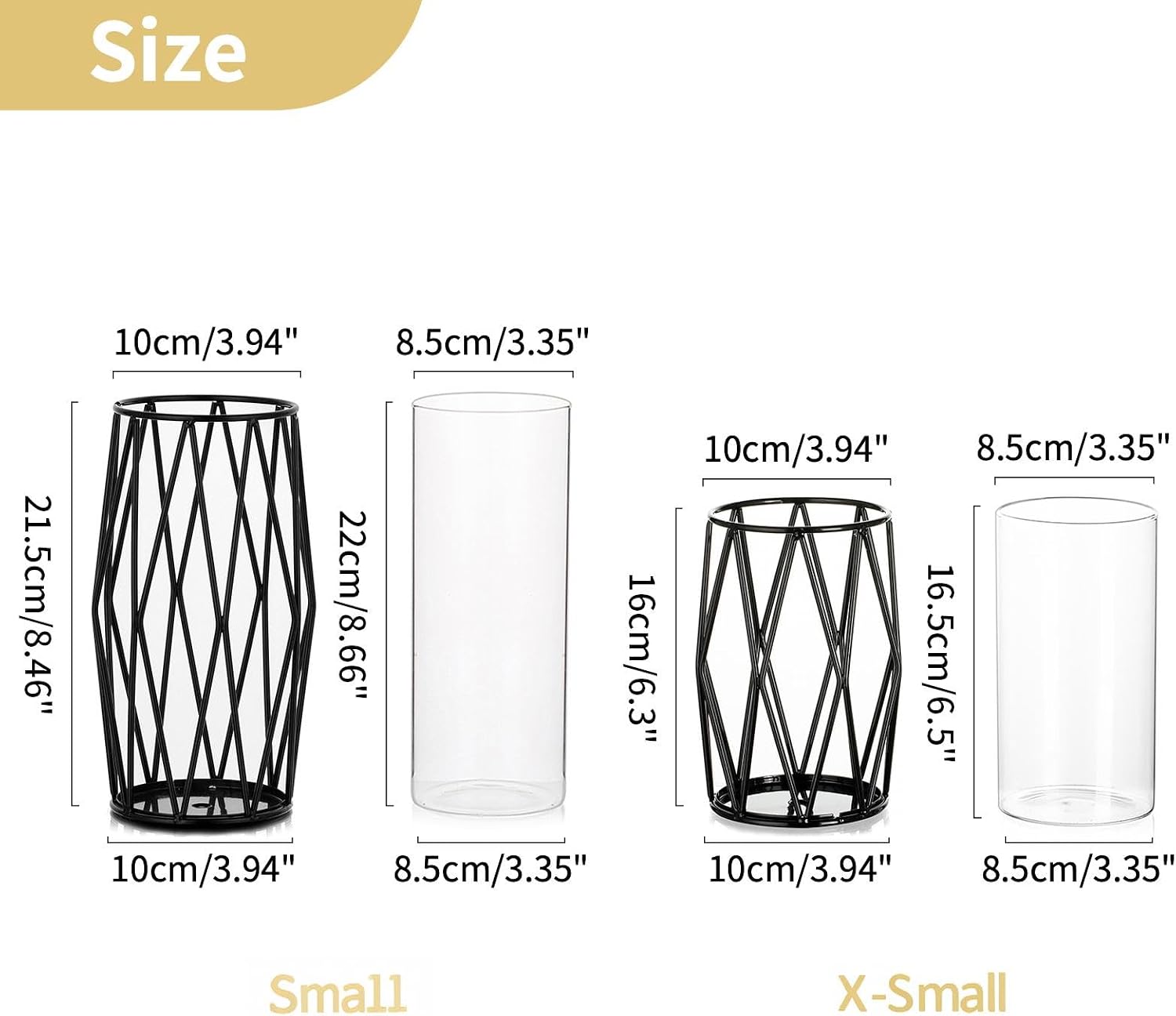 NUPTIO Black Geometric Hurricane Glass Candle Holders, Set of 2 | 2 Graduated Diamond Frames, Clear Cylinder Vases, for
