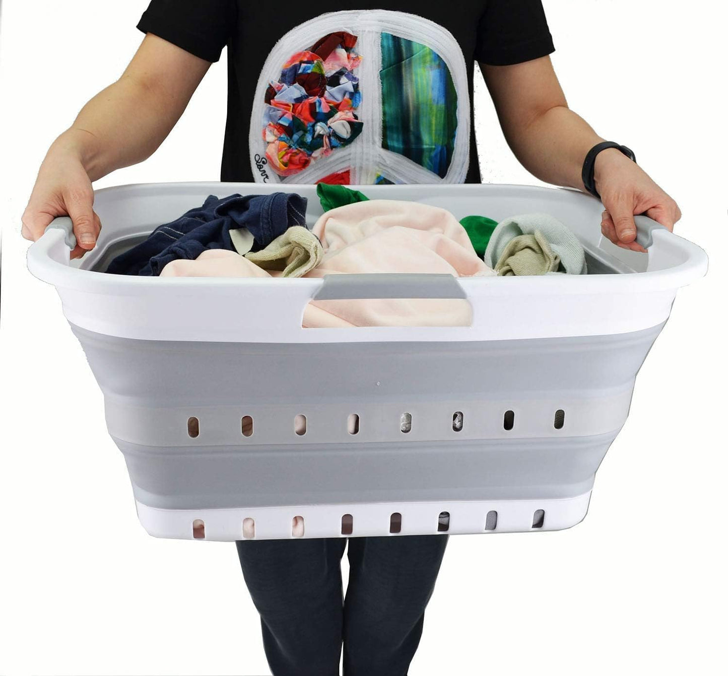 42L Collapsible Plastic Laundry Basket / White/grey