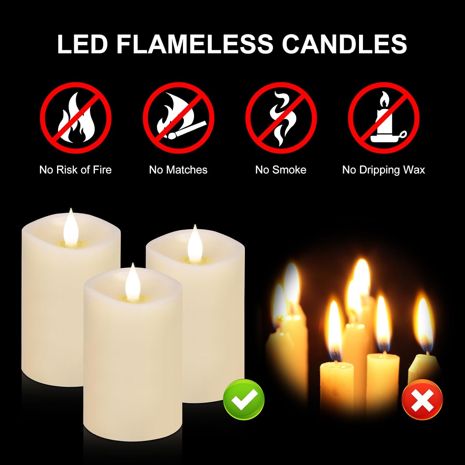 3PCS, 3 x 5 inches Flameless Candle with Remote Control, 3D Flickering Wick, Real Wax, Battery Candles,with