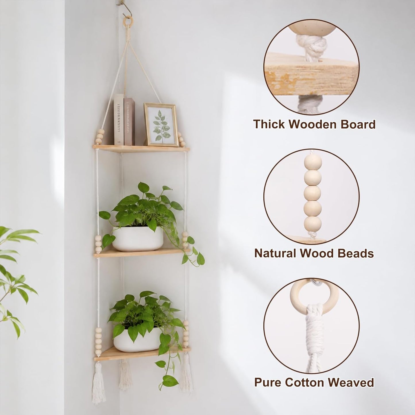 Adjustable Boho Wood Plant Shelves Display / Beige 3-tier