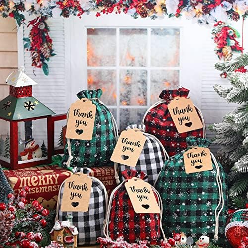 Shappy 24 Pcs Christmas Drawstring Gift Bags Xmas Buffalo Plaid Burlap Advent Bags 7 x 5 Inches Linen Treat Candy Bag with 32.8 ft Rope 24 Card(Assorted Color)