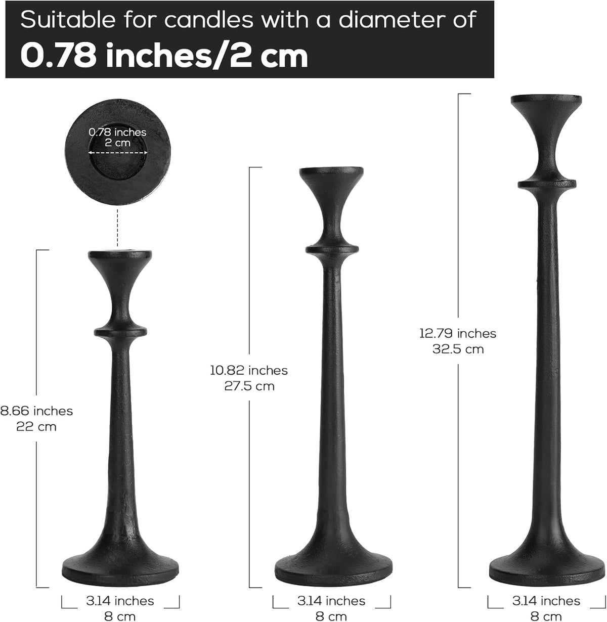 Black Taper Candle Holders Set of 3 Heavy Cast Iron Black Candlestick Holder for Table Centerpiece Modern Decorative