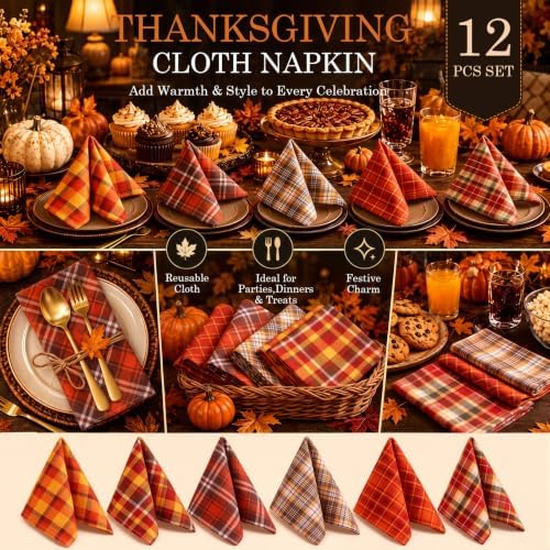 Mixweer 12 Pack Fall Thanksgiving Cloth Napkins Bulk, 15 x 15 Inch