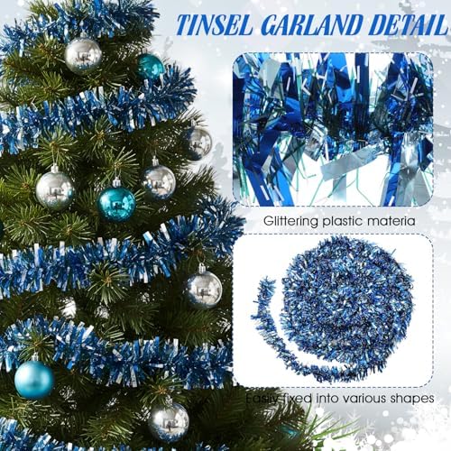 Shappy 90 ft 6 Rolls Christmas Tinsel Garland for Tree, Dark & Light Blue