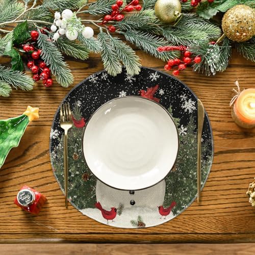 Artoid Mode Snowman Trees Snowflakes Christmas Round Placemats Set of 4, 14 Inch Black Winter Round Table Mats for Dining Decoration
