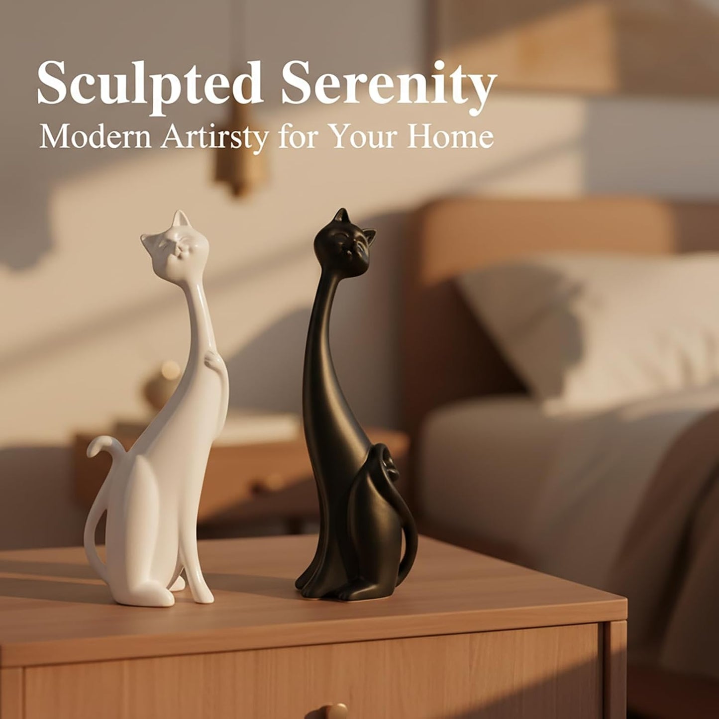 Resin Cat Figurines / 1 Black + 1 White / Set of 2