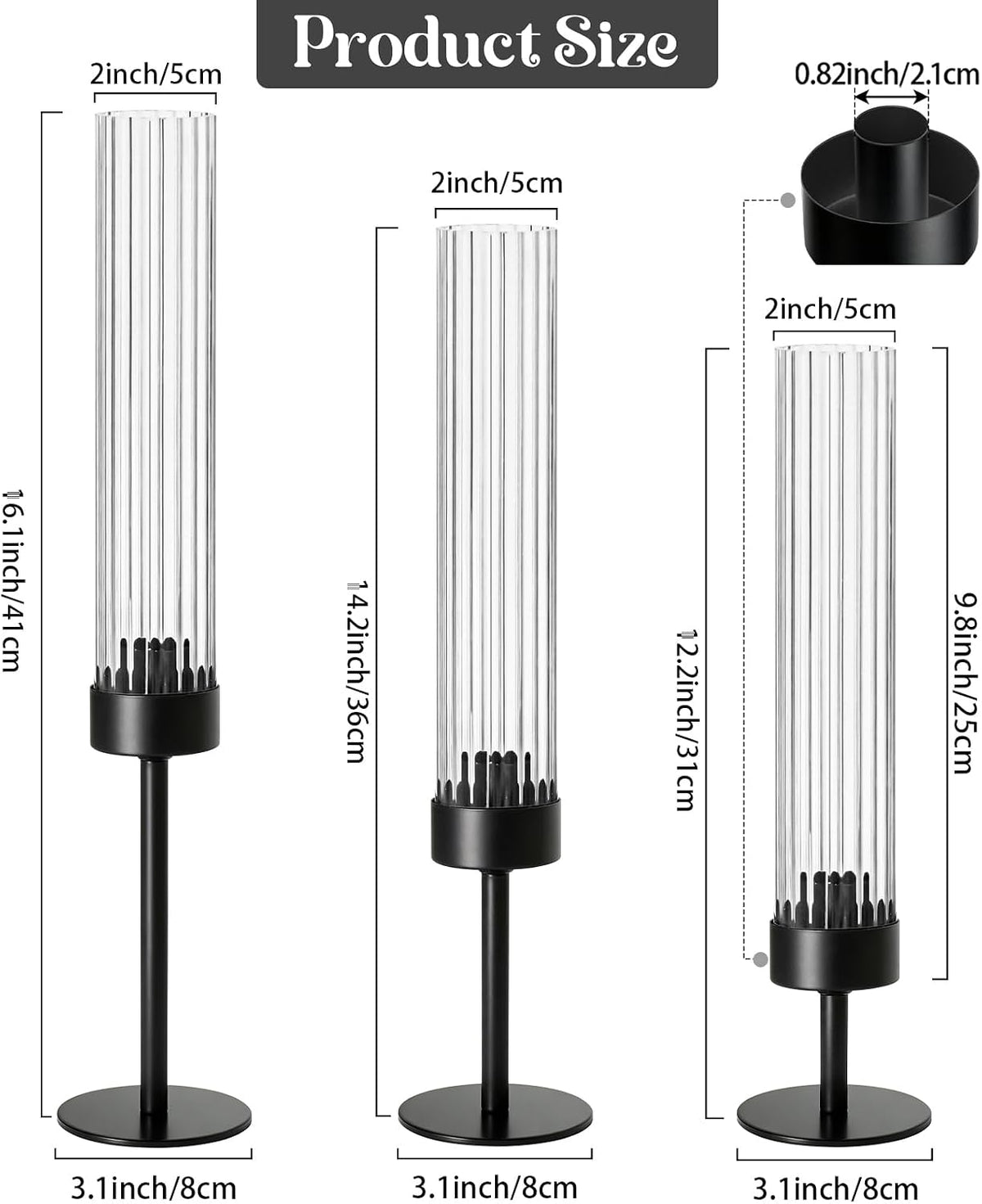 Metal & Acrylic Taper Candle Holders with Ribbed Design - Hurricane Clear Cylinder Candelabra for Wedding, Christmas