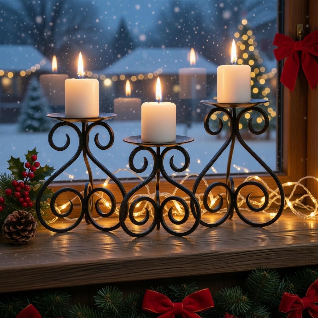 Hosley Illuminate in Style with Our Set of 3 Iron Candle LED Pillar Holders - Large 7 Inches, Medium 6 Inches, Small 5